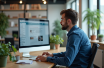 Homme en bureau lisant un flux RSS sur écran large
