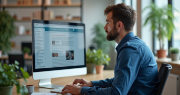 Homme en bureau lisant un flux RSS sur écran large
