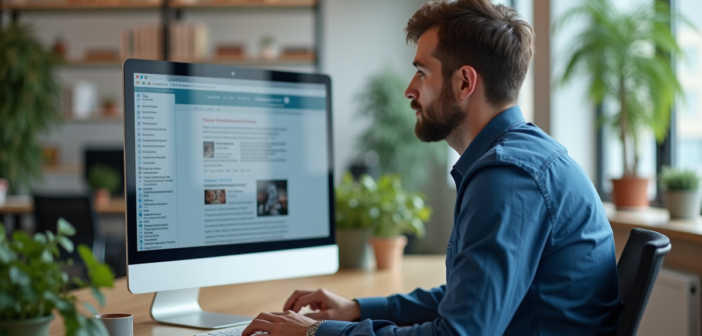 Homme en bureau lisant un flux RSS sur écran large