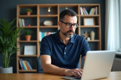 Homme d'âge moyen travaillant sur un ordinateur dans un bureau moderne