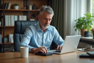 Homme d age moyen branchant un disque dur externe sur son ordinateur