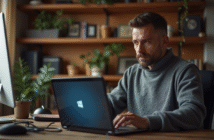 Homme d'âge moyen au bureau concentré sur une mise à jour Windows