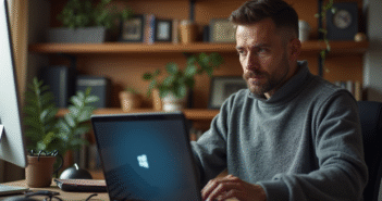 Homme d'âge moyen au bureau concentré sur une mise à jour Windows