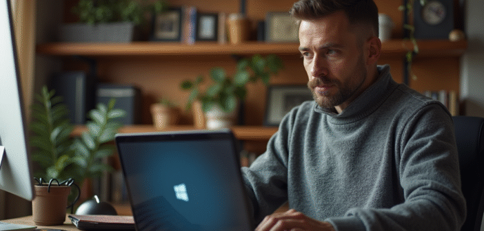 Homme d'âge moyen au bureau concentré sur une mise à jour Windows