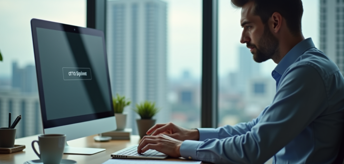 Homme d'affaires en bureau désactivant la synchronisation sur son ordinateur