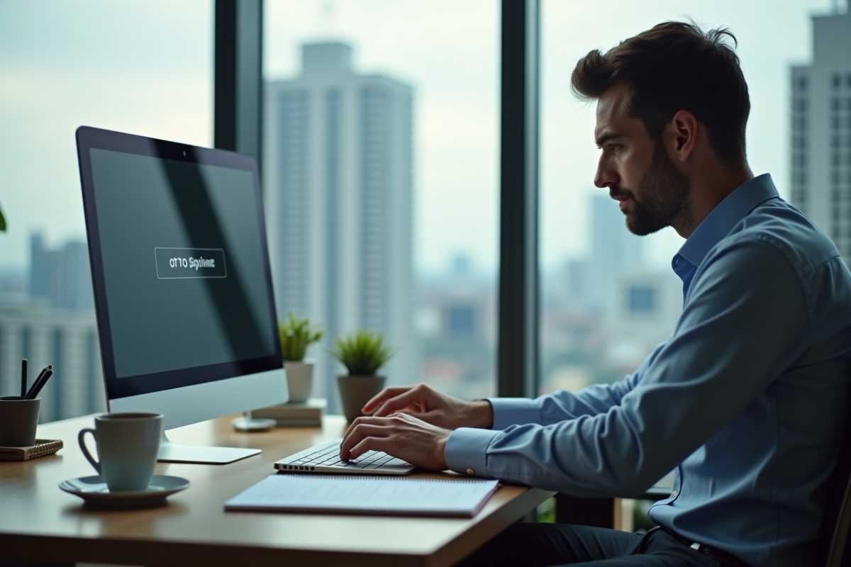 Homme d'affaires en bureau désactivant la synchronisation sur son ordinateur