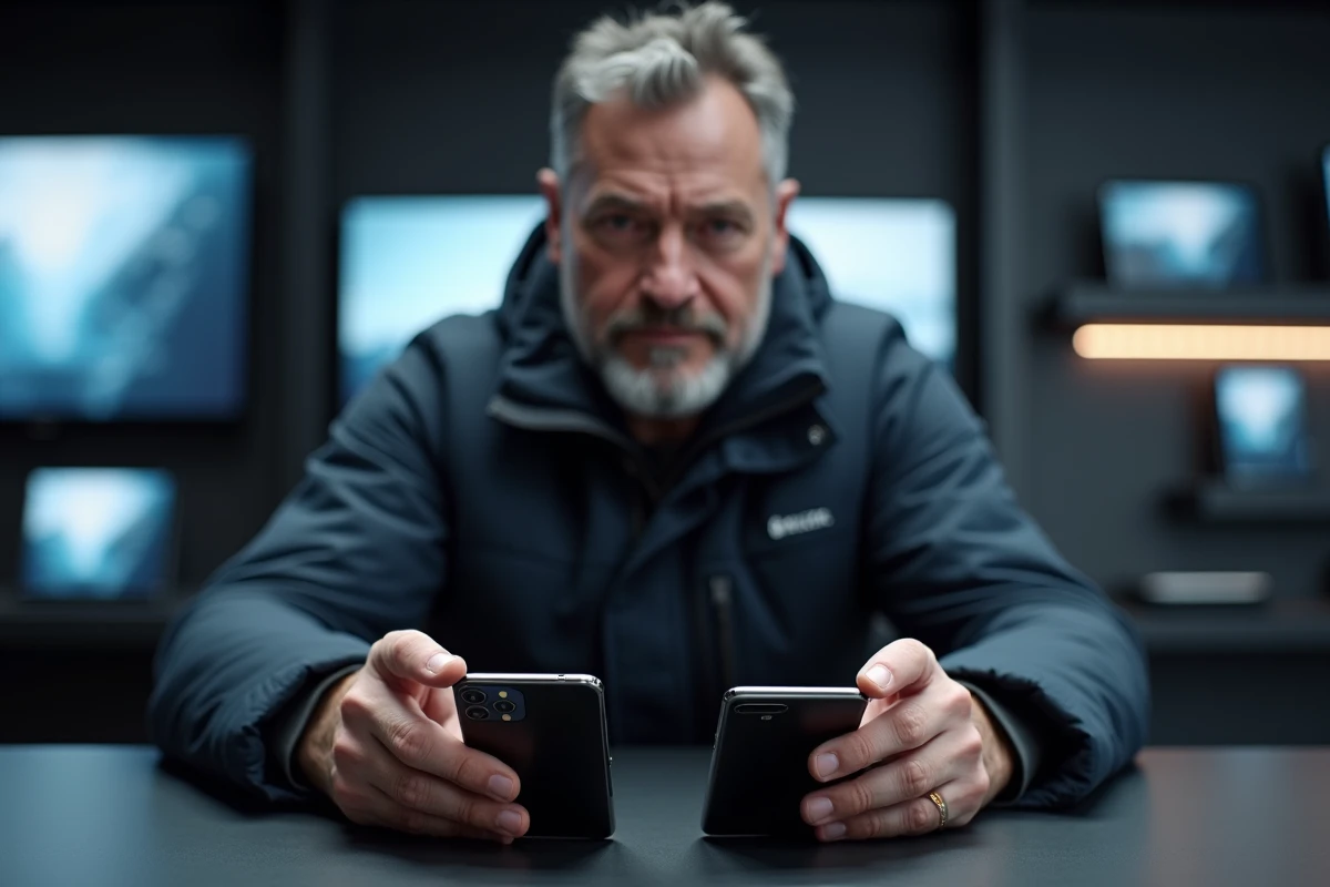 Homme comparant deux smartphones haut de gamme dans une boutique high-tech, tendances marché mobile 2026