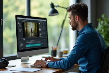 Homme concentré sur son ordinateur portable en bureau moderne