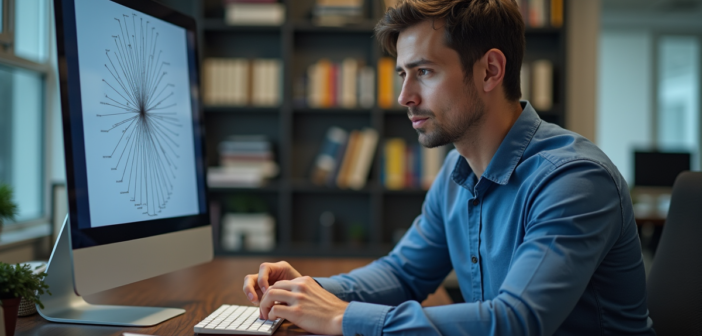 Homme concentré devant un diagramme sémantique sur son ordinateur
