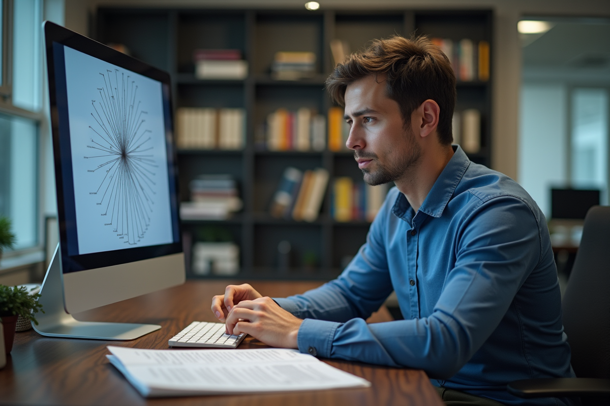 Homme concentré devant un diagramme sémantique sur son ordinateur