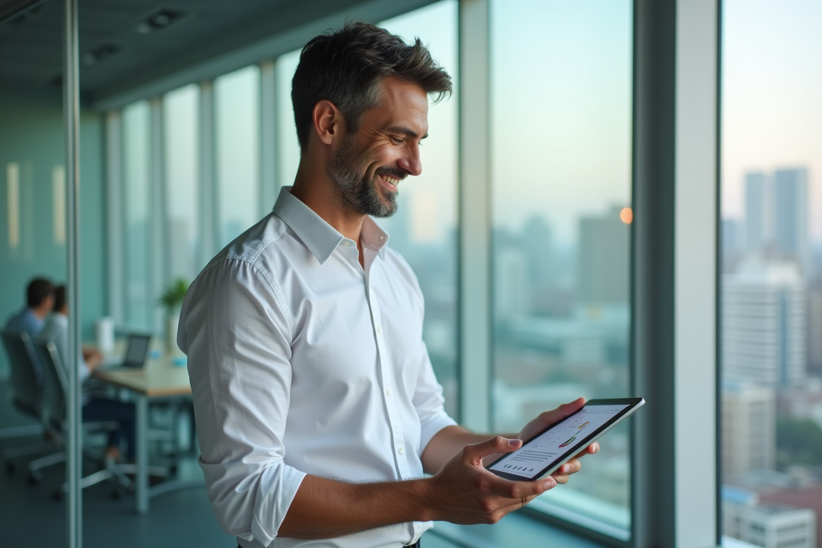 Homme utilisant une tablette pour convertir un tableau en PDF