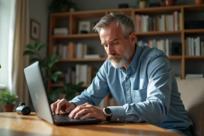 Homme d'âge moyen configure un routeur sans fil dans un salon lumineux