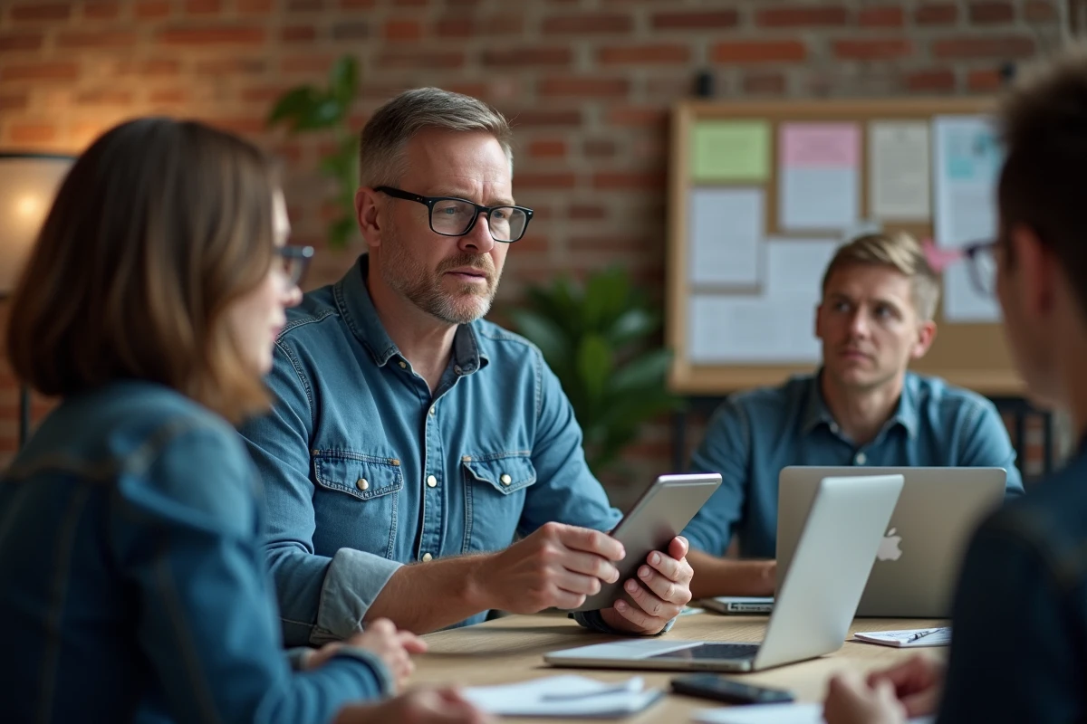 Homme montrant la stabilité d’un lien image sur une tablette en coworking