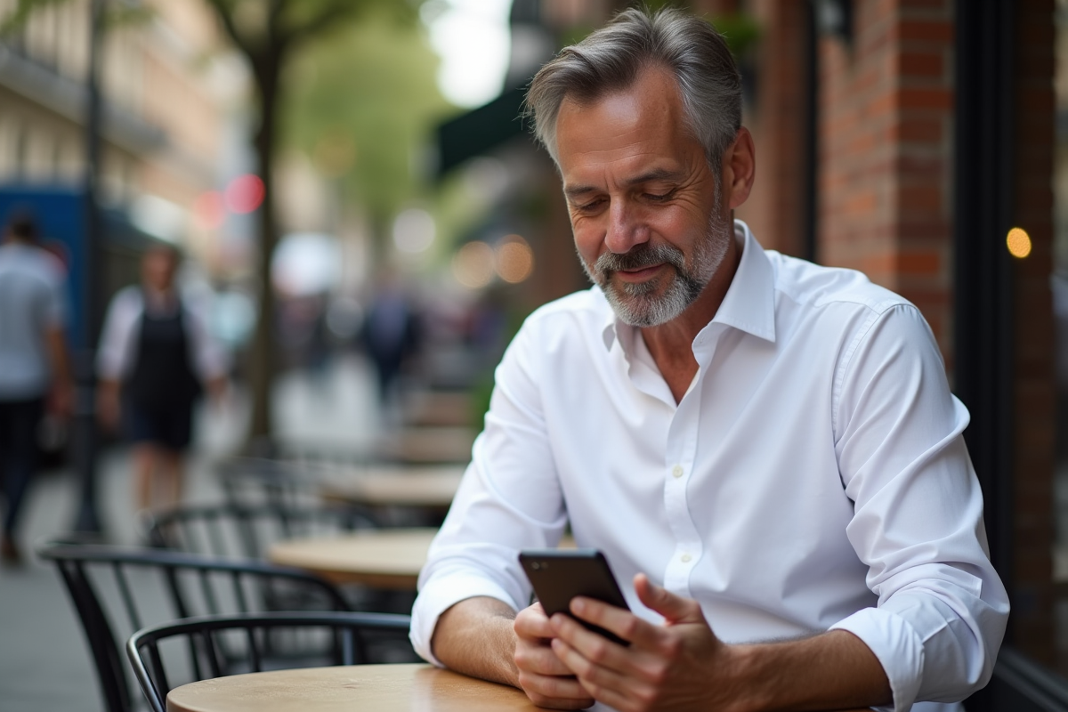 Homme dictant dans un téléphone au café en ville