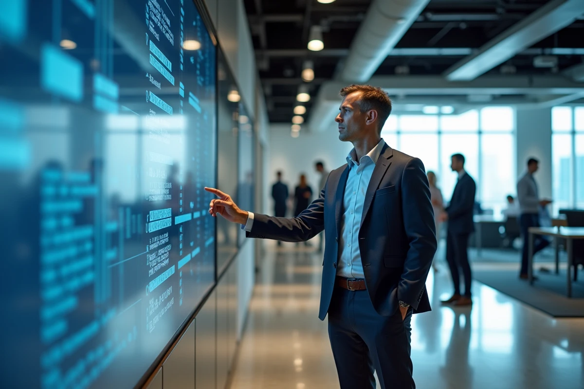 Homme d affaires regardant un grand écran dans un espace professionnel