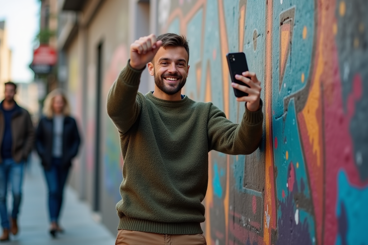 Jeune homme filmant une vidéo selfie devant un mur graffiti