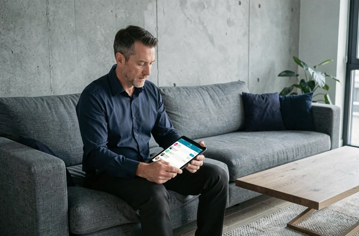 Homme gérant ses contacts Messenger sur une tablette dans un appartement moderne