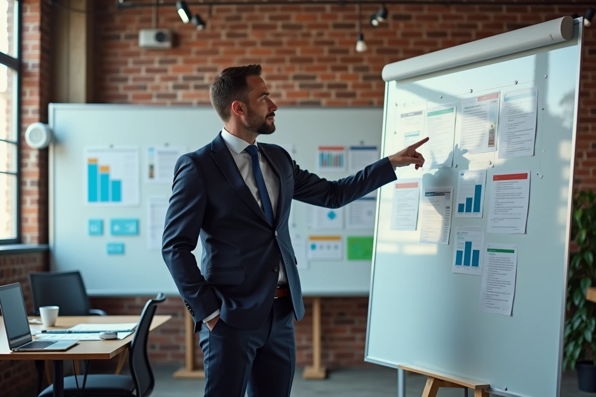 Homme en costume pointant un tableau de wireframes de site web