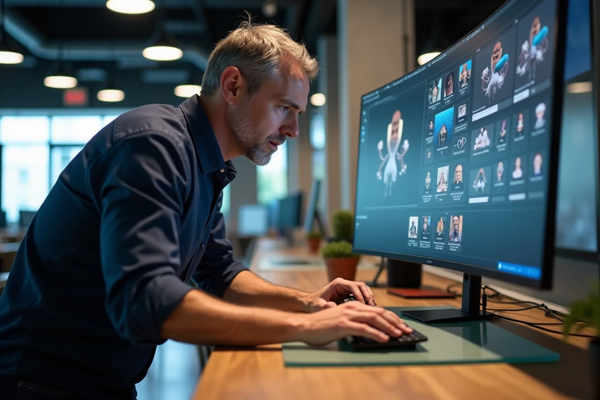 Homme en train d'utiliser une interface d'intelligence artificielle pour créer des images numériques dans un espace de coworking moderne