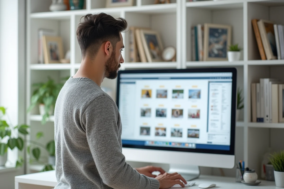Homme organisant ses dossiers numériques dans un bureau lumineux