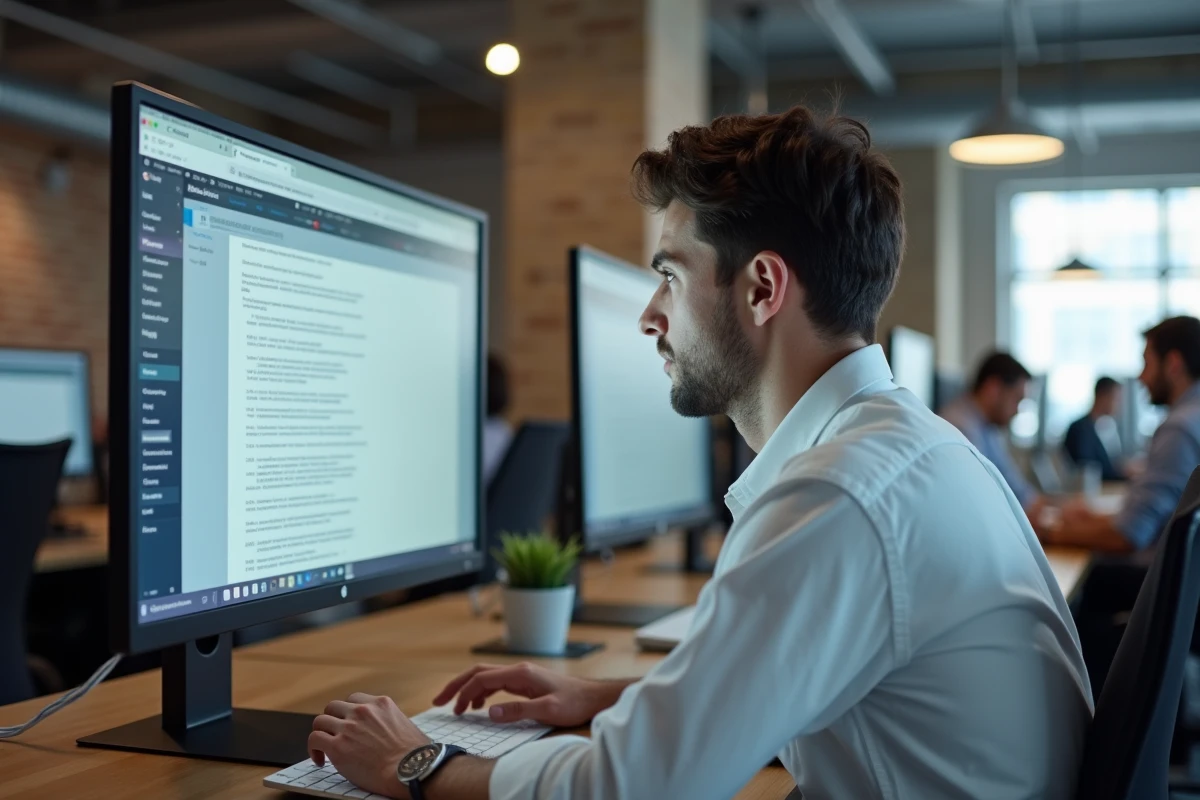 Homme en bureau open space vérifiant des statistiques de texte sur un outil de comptage de caractères en ligne