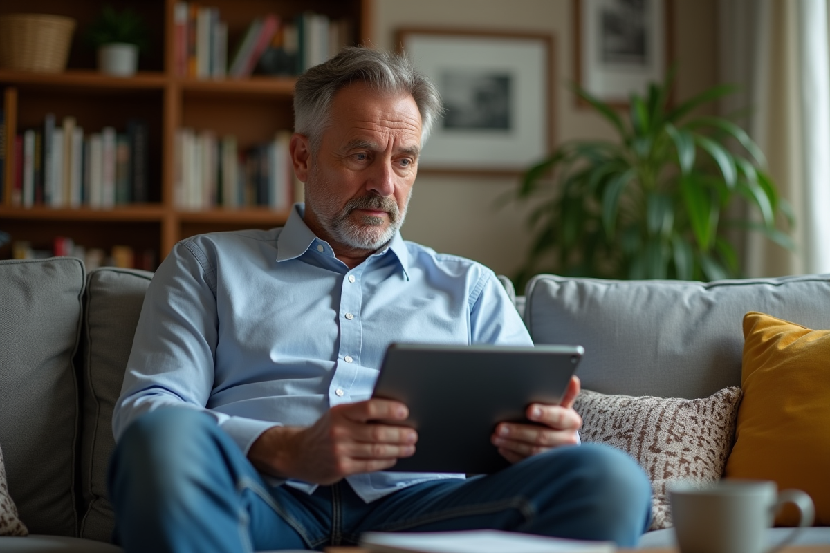 Homme assis sur un canapé regardant une pub YouTube