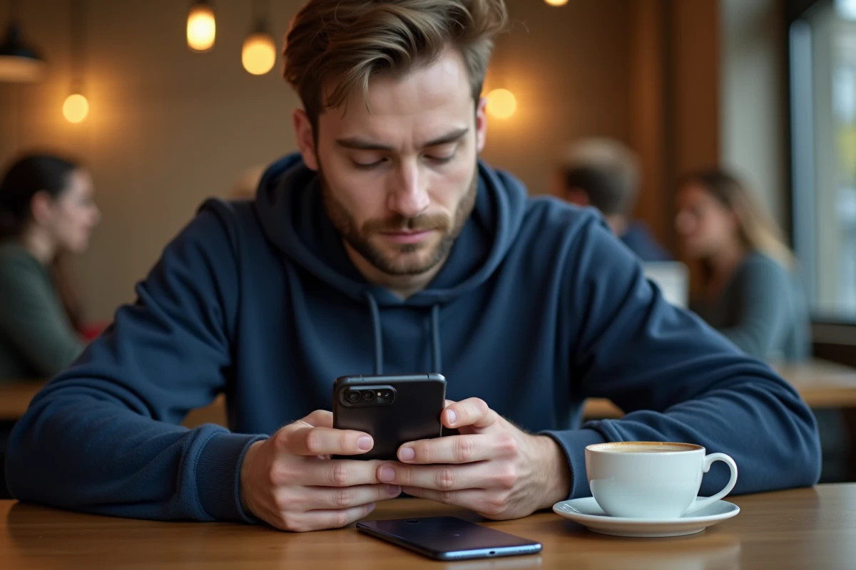 Homme utilisant un Samsung Galaxy dans un café après avoir abandonné son iPhone, symbolisant le passage d'iOS à Android
