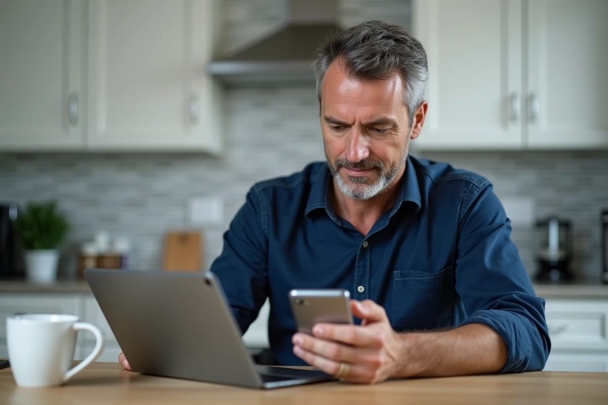 Homme consultant les paramètres de sauvegarde automatique Samsung Cloud sur smartphone et tablette dans une cuisine