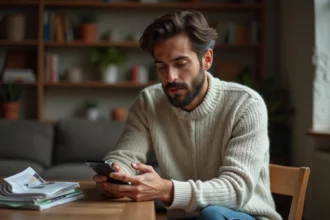 Homme en sweater examine un vieux téléphone GSM dans un salon cosy