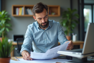 Jeune homme au bureau scannant des documents avec concentration