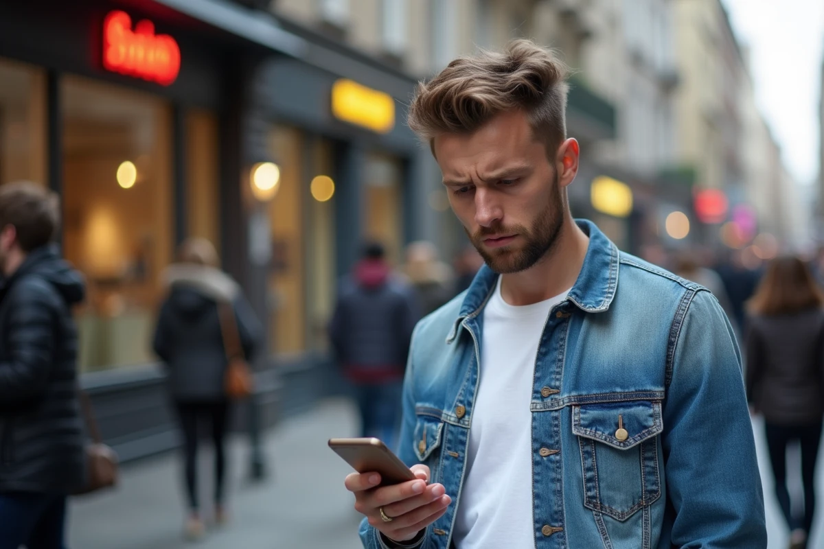Homme dans la rue regardant son smartphone dans un environnement urbain