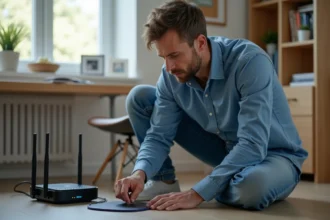 Homme vérifiant son routeur internet à la maison