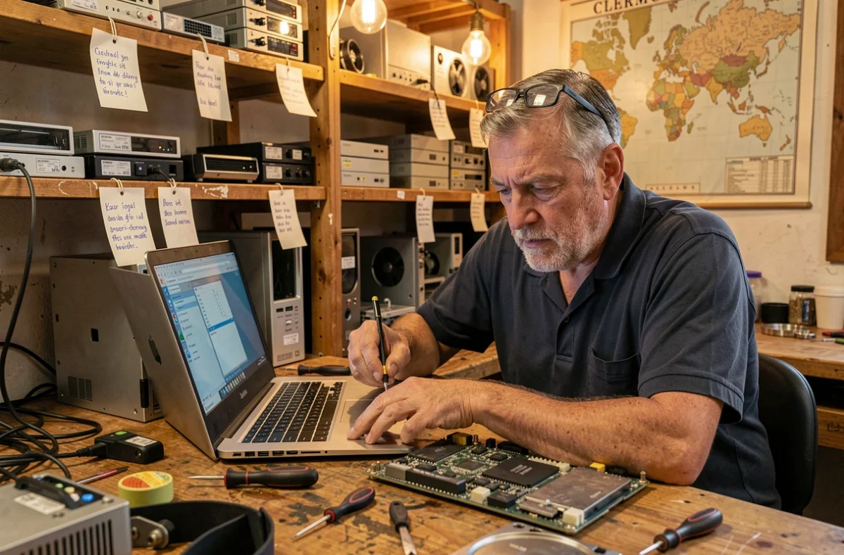 Technicien expérimenté d'Informatique 2000 soudant une carte mère dans son atelier de réparation à Clermont-Ferrand