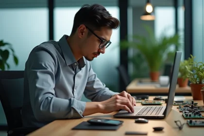 Jeune ingenieur informatique assemble un prototype de laptop