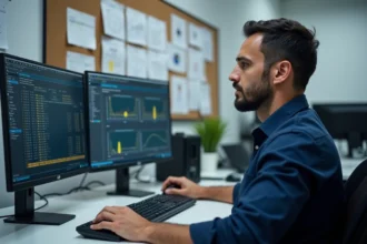 Ingénieur automaticien travaillant sur un logiciel PhyLOGIC avec diagrammes ladder sur double écran dans un bureau industriel moderne