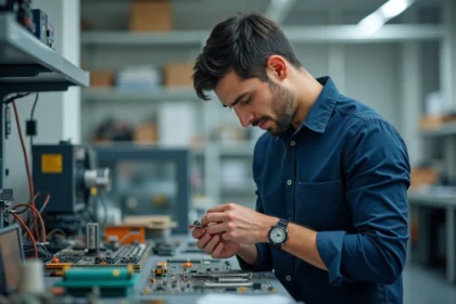 Ingénieur en microélectronique tenant un circuit imprimé miniature dans un laboratoire de technologie connectée