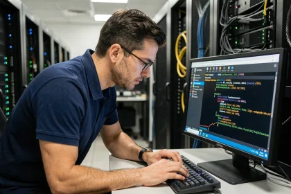 Ingénieur réseau analysant des requêtes DNS et des connexions TCP sur un terminal dans une salle de serveurs professionnelle