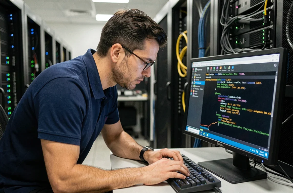 Ingénieur réseau analysant des requêtes DNS et des connexions TCP sur un terminal dans une salle de serveurs professionnelle
