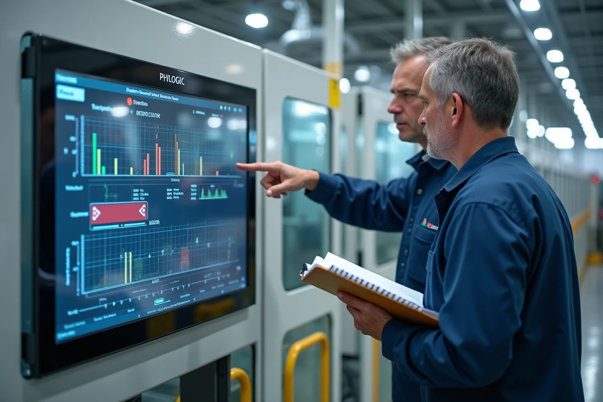 Deux ingénieurs automaticiens consultant un panneau HMI affichant un grafcet PhyLOGIC sur une ligne de production industrielle