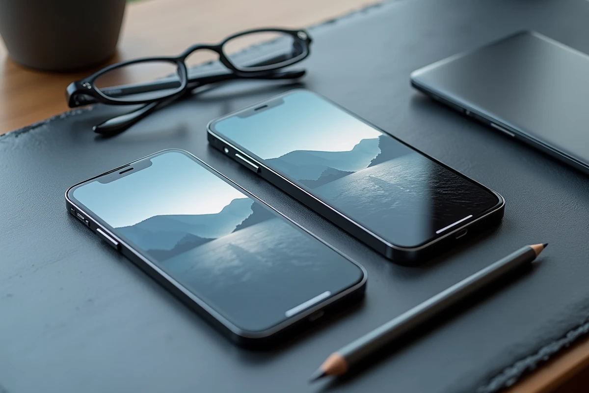 iPhone 15 et iPhone 15 Pro posés côte à côte sur une surface ardoise pour comparaison