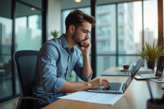 Jeune développeur web homme concentré sur son contrat de travail