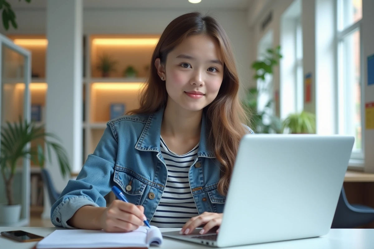 Jeune étudiante en bureau avec ordinateur portable