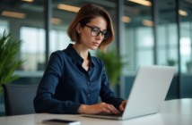 Jeune femme professionnelle travaillant sur son ordinateur dans un bureau moderne