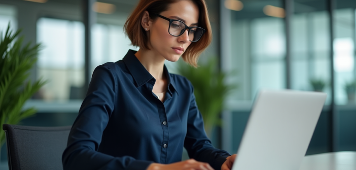Jeune femme professionnelle travaillant sur son ordinateur dans un bureau moderne