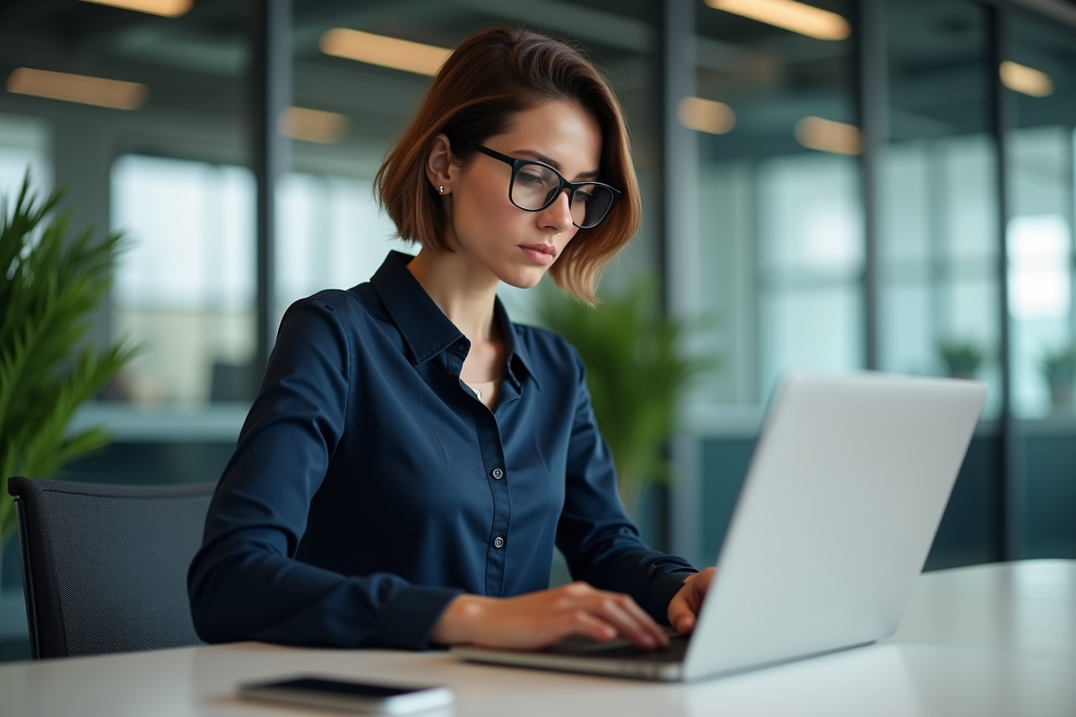 Jeune femme professionnelle travaillant sur son ordinateur dans un bureau moderne