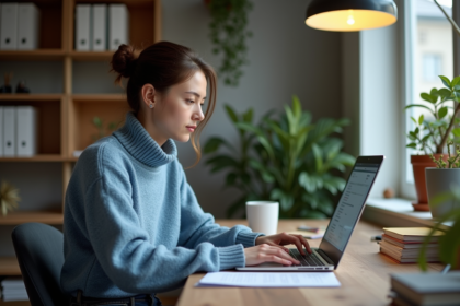 Jeune femme au bureau vérifiant des dossiers sur son ordinateur