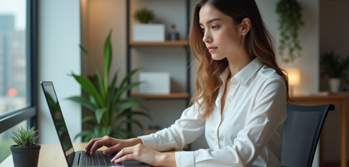Jeune femme professionnelle travaillant sur son ordinateur dans un bureau lumineux