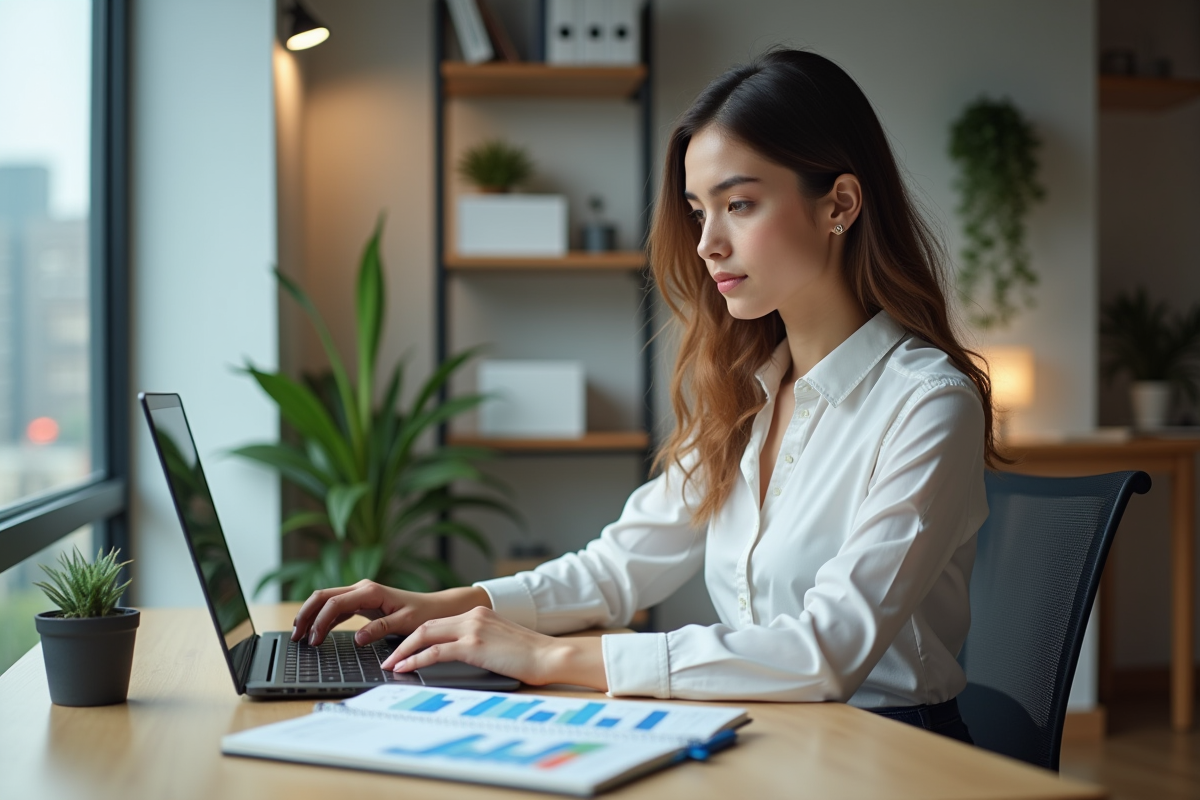 Jeune femme professionnelle travaillant sur son ordinateur dans un bureau lumineux