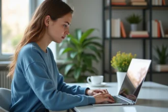 Jeune femme convertissant un document PDF sur son ordinateur