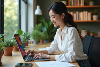 Jeune femme créant un flyer coloré sur ordinateur dans un espace de travail moderne